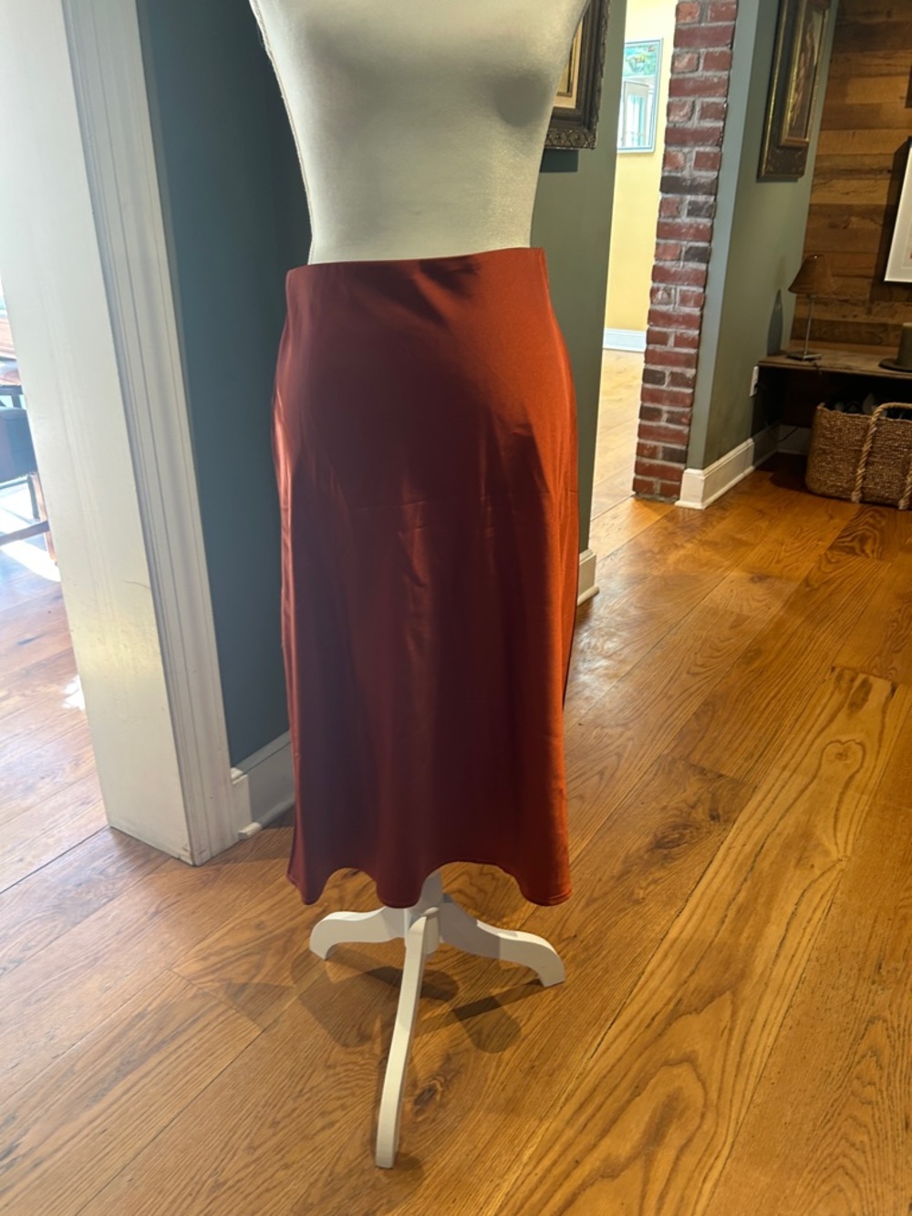 Sleek Rust Satin Midi Skirt - Women